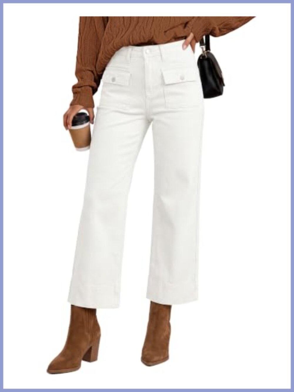 High Waisted Wide Leg Cropped Stretch Denim Jeans Retro Patch Pockets